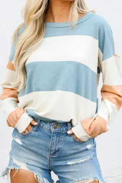 New Dear-Lover Colorblock Striped Drop Shoulder Long Sleeve Top Light Blue