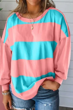 Online Dear-Lover Colorblock Striped Drop Shoulder Loose Top Light Blue