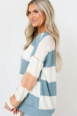 New Dear-Lover Colorblock Striped Drop Shoulder Long Sleeve Top Light Blue