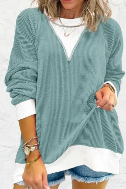 Clearance Dear-Lover Corded Colorblock Drop Shoulder Loose Top Light Blue
