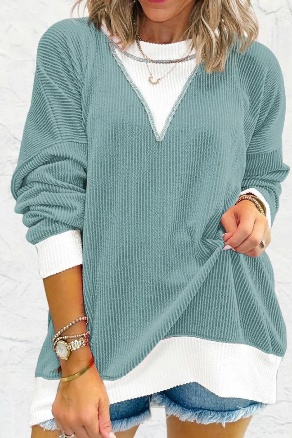 Clearance Dear-Lover Corded Colorblock Drop Shoulder Loose Top Light Blue