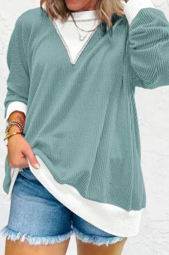Clearance Dear-Lover Corded Colorblock Drop Shoulder Loose Top Light Blue