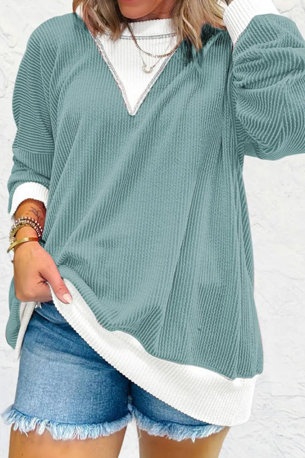 Clearance Dear-Lover Corded Colorblock Drop Shoulder Loose Top Light Blue