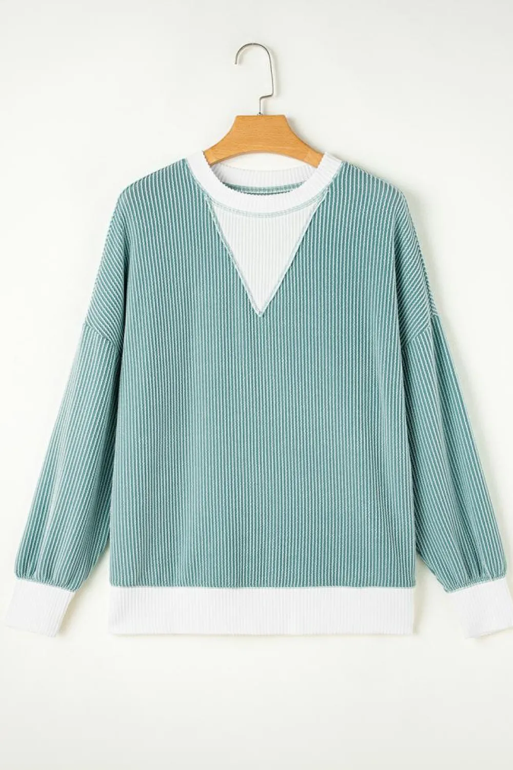 Clearance Dear-Lover Corded Colorblock Drop Shoulder Loose Top Light Blue