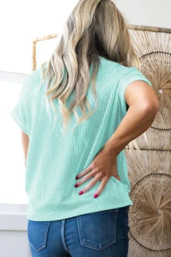 Sale Dear-Lover Corded Knit Color Block Pocketed Crew Neck T Shirt Light Blue