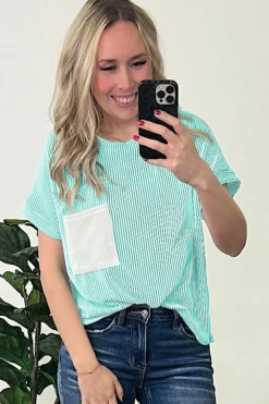 Sale Dear-Lover Corded Knit Color Block Pocketed Crew Neck T Shirt Light Blue