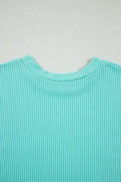 Sale Dear-Lover Corded Knit Color Block Pocketed Crew Neck T Shirt Light Blue