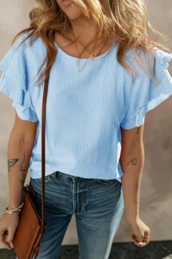 Sale Dear-Lover Crinkled Cotton Gauze Ruffle Sleeve Blouse Light Blue
