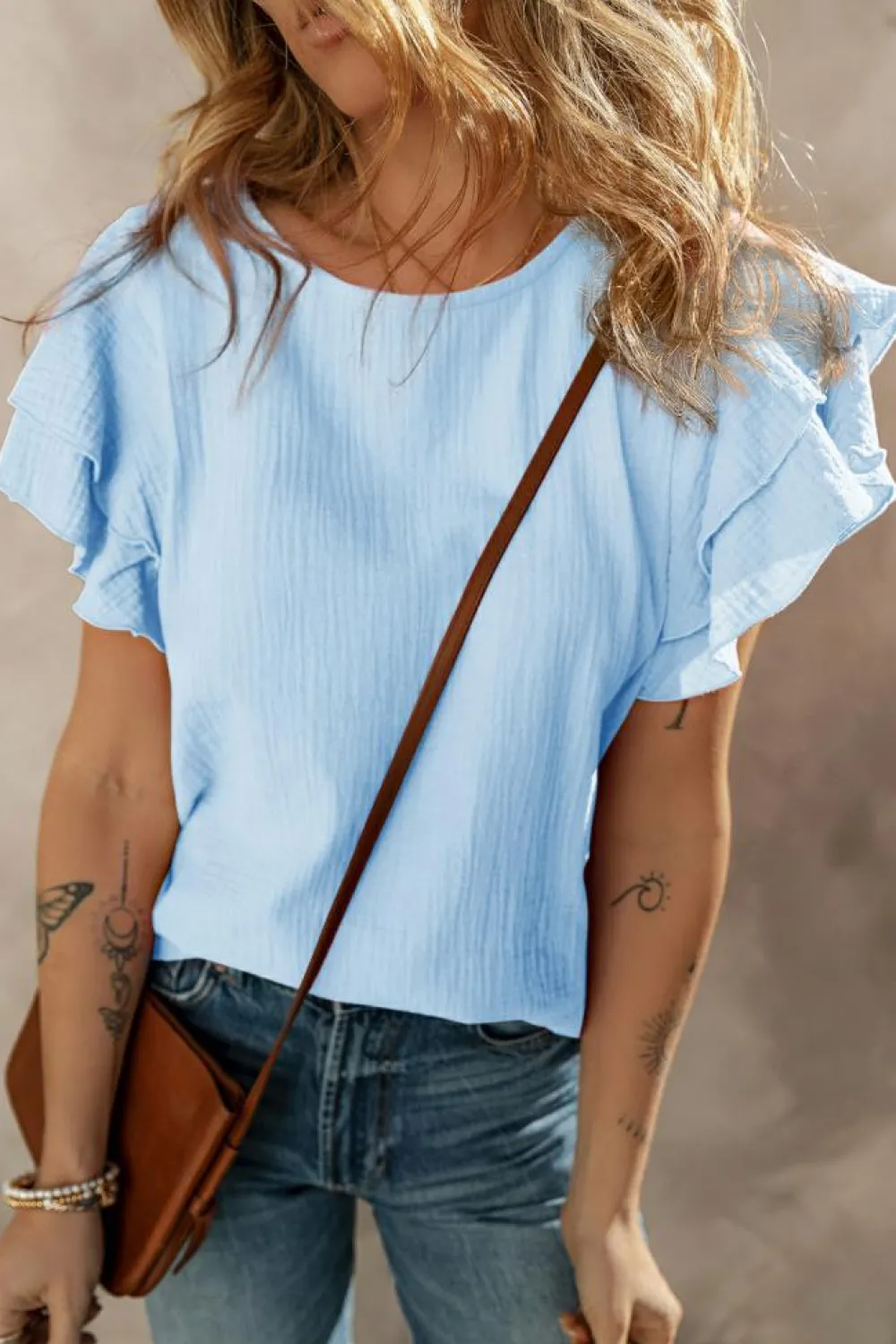 Sale Dear-Lover Crinkled Cotton Gauze Ruffle Sleeve Blouse Light Blue