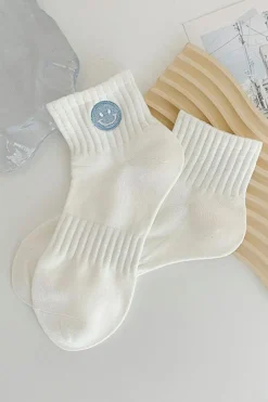Discount Dear-Lover Cute Smile Face Embroidered Cotton Socks Light Blue