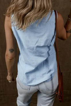 Fashion Dear-Lover Denim Collared Sleeveless Shirt Light Blue