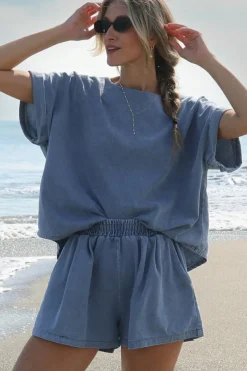 Clearance Dear-Lover Denim Cuffed Sleeve Tee Elastic Shorts Set Light Blue