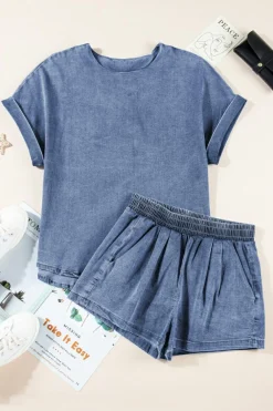 Clearance Dear-Lover Denim Cuffed Sleeve Tee Elastic Shorts Set Light Blue