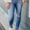 Clearance Dear-Lover Distressed Frayed Ankle Skinny Jeans Light Blue