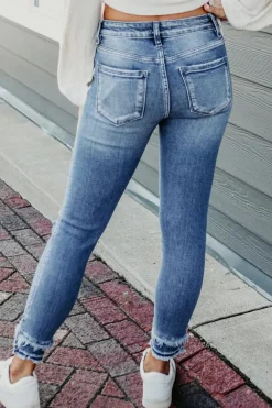 Clearance Dear-Lover Distressed Frayed Ankle Skinny Jeans Light Blue