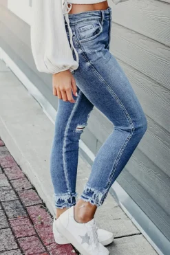 Clearance Dear-Lover Distressed Frayed Ankle Skinny Jeans Light Blue