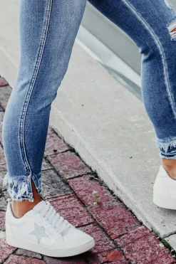 Clearance Dear-Lover Distressed Frayed Ankle Skinny Jeans Light Blue