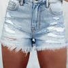 Sale Dear-Lover Distressed Ripped Raw Hem High Waist Denim Shorts Light Blue