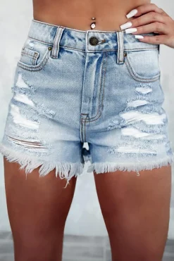 Sale Dear-Lover Distressed Ripped Raw Hem High Waist Denim Shorts Light Blue