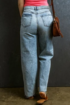 Clearance Dear-Lover Distressed Ripped Raw Hem Straight Jeans Light Blue
