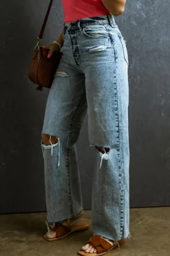 Clearance Dear-Lover Distressed Ripped Raw Hem Straight Jeans Light Blue