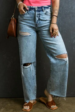 Clearance Dear-Lover Distressed Ripped Raw Hem Straight Jeans Light Blue