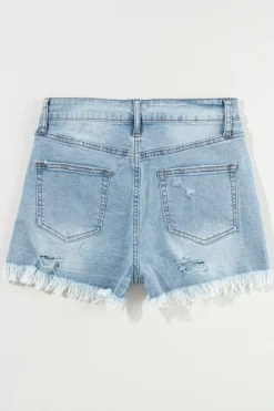 Sale Dear-Lover Distressed Ripped Raw Hem High Waist Denim Shorts Light Blue