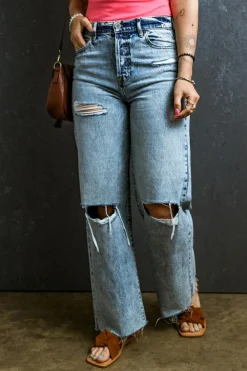 Clearance Dear-Lover Distressed Ripped Raw Hem Straight Jeans Light Blue