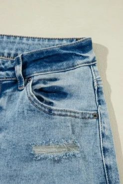 Clearance Dear-Lover Distressed Ripped Raw Hem Straight Jeans Light Blue