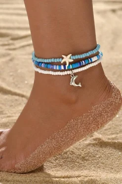 Sale Dear-Lover Dolphin Starfish Decor Beaded Three Layer Anklet Light Blue