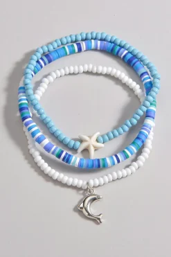 Sale Dear-Lover Dolphin Starfish Decor Beaded Three Layer Anklet Light Blue