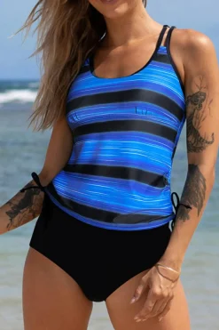 Sale Dear-Lover Double Straps Printed Tankini Top with Shorts 2pcs Swimsuit Light Blue