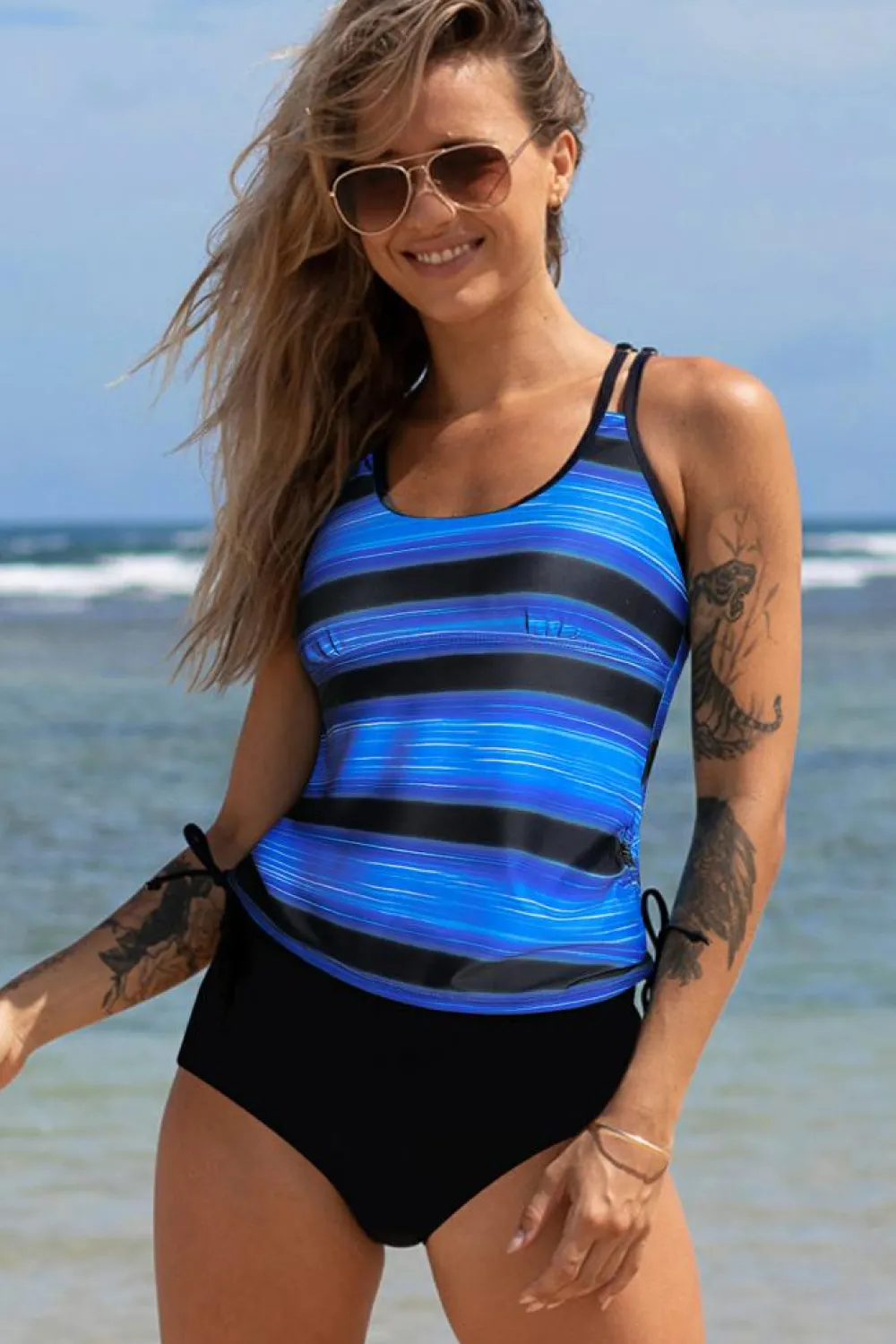 Sale Dear-Lover Double Straps Printed Tankini Top with Shorts 2pcs Swimsuit Light Blue
