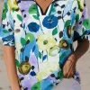 Clearance Dear-Lover Floral Print Slit V Neck Short Sleeve Blouse Light Blue