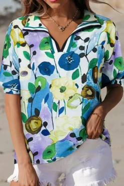 Clearance Dear-Lover Floral Print Slit V Neck Short Sleeve Blouse Light Blue