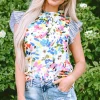 New Dear-Lover Floral Print Striped Ruffled Sleeve Blouse Light Blue