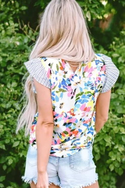 New Dear-Lover Floral Print Striped Ruffled Sleeve Blouse Light Blue