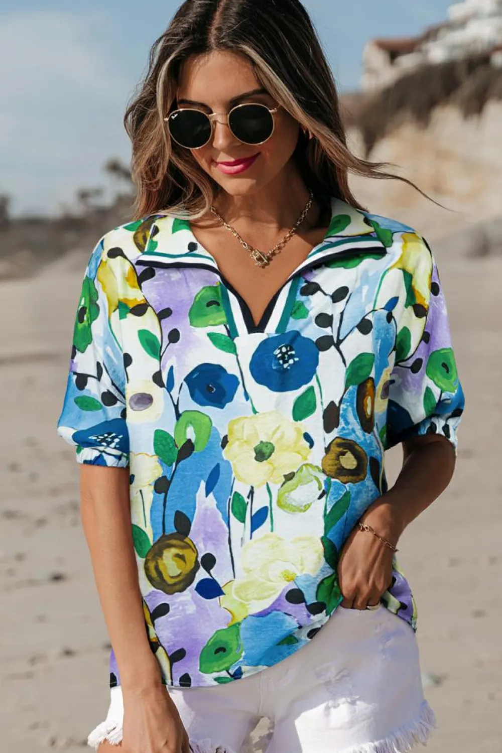 Clearance Dear-Lover Floral Print Slit V Neck Short Sleeve Blouse Light Blue