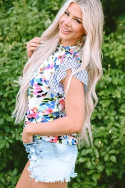 New Dear-Lover Floral Print Striped Ruffled Sleeve Blouse Light Blue