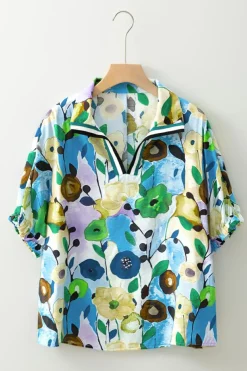 Clearance Dear-Lover Floral Print Slit V Neck Short Sleeve Blouse Light Blue