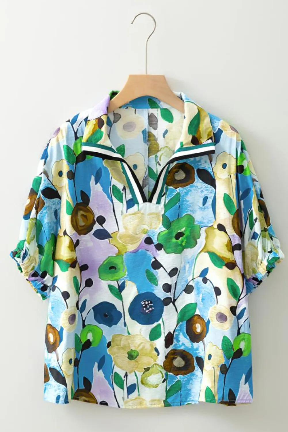 Clearance Dear-Lover Floral Print Slit V Neck Short Sleeve Blouse Light Blue
