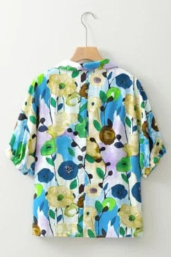 Clearance Dear-Lover Floral Print Slit V Neck Short Sleeve Blouse Light Blue