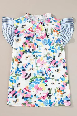 New Dear-Lover Floral Print Striped Ruffled Sleeve Blouse Light Blue