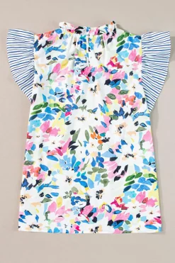 New Dear-Lover Floral Print Striped Ruffled Sleeve Blouse Light Blue