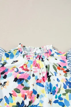 New Dear-Lover Floral Print Striped Ruffled Sleeve Blouse Light Blue