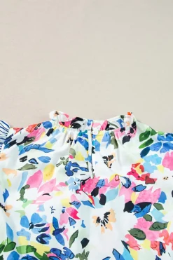 New Dear-Lover Floral Print Striped Ruffled Sleeve Blouse Light Blue