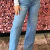 New Dear-Lover Floral Rhinestone Decor High Rise Wide Leg Jeans Light Blue