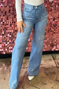New Dear-Lover Floral Rhinestone Decor High Rise Wide Leg Jeans Light Blue
