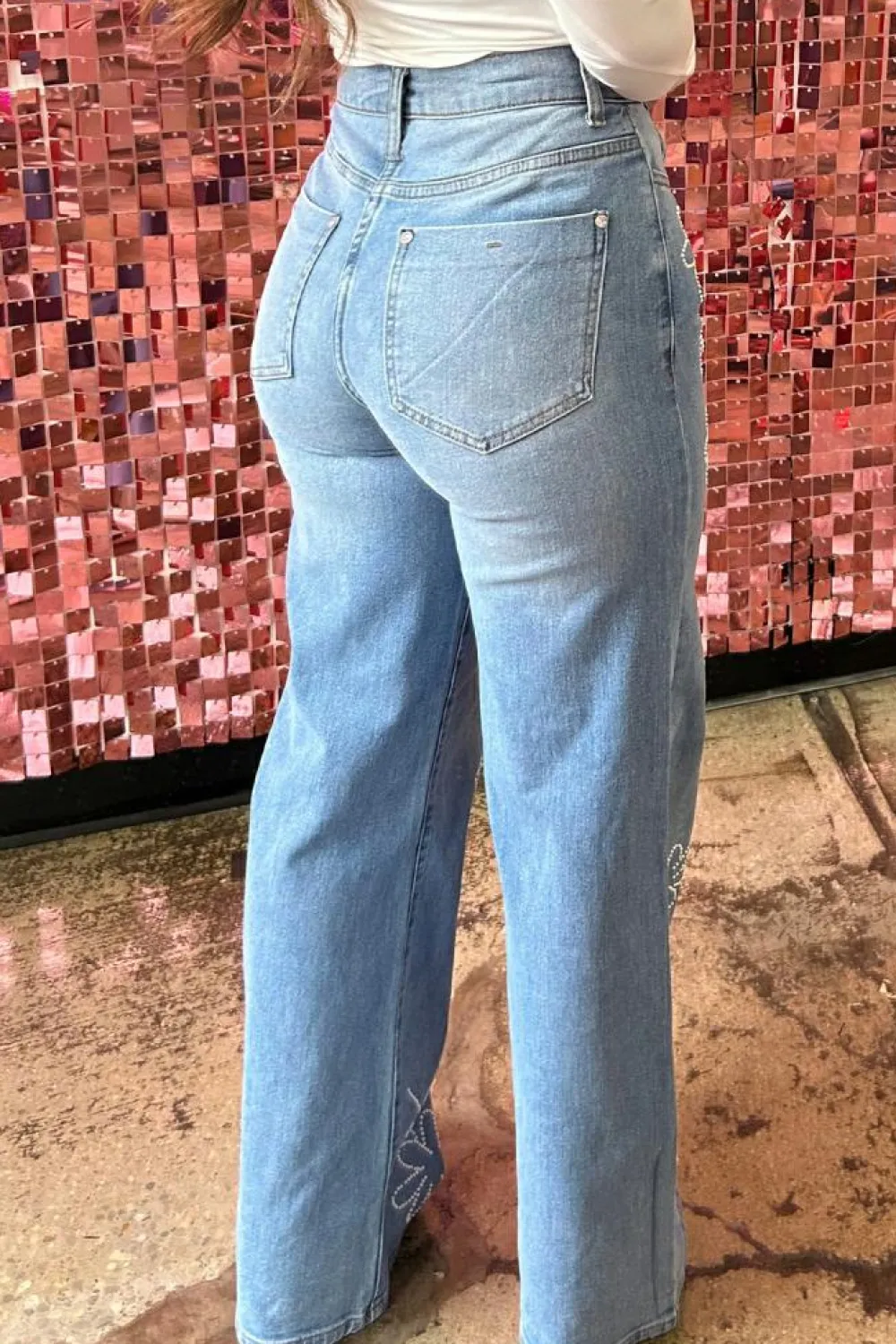 New Dear-Lover Floral Rhinestone Decor High Rise Wide Leg Jeans Light Blue