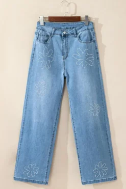 New Dear-Lover Floral Rhinestone Decor High Rise Wide Leg Jeans Light Blue